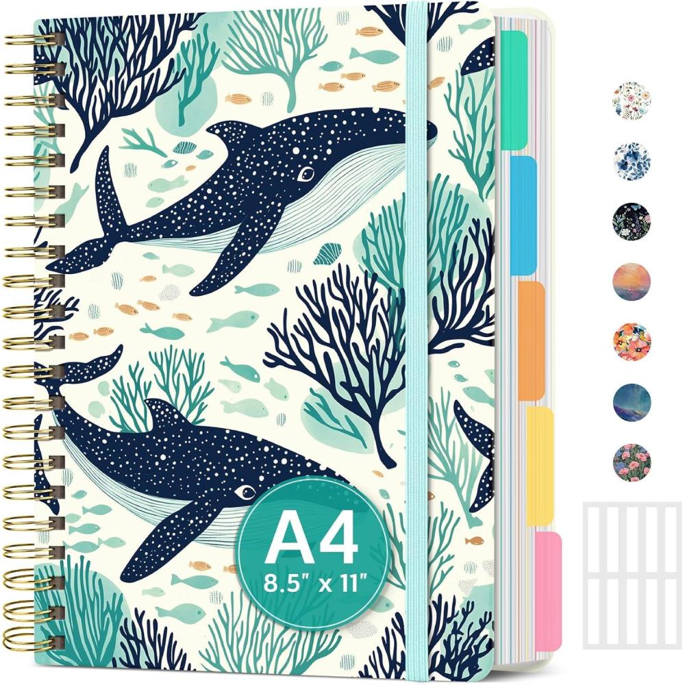 image:imageLarge Spiral Lined Notebooks for Work with Removable Dividers amp Tabs 85x11 Pretty Hardcover 5 Subject Notebook Journal for Women College Ruled Perfect for Study amp Office Organization 280 PagesWildflowersT Drifting Whales