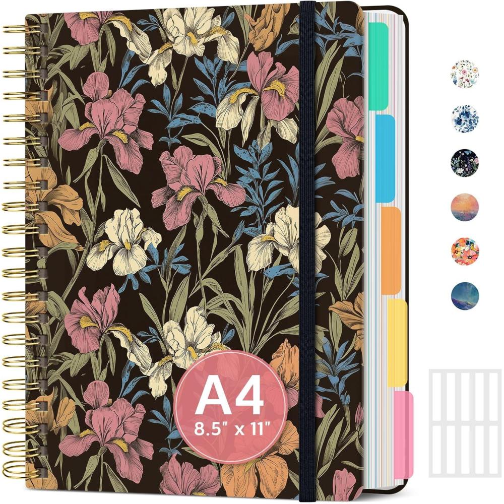 image:imageLarge Spiral Lined Notebooks for Work with Removable Dividers amp Tabs 85x11 Pretty Hardcover 5 Subject Notebook Journal for Women College Ruled Perfect for Study amp Office Organization 280 PagesWildflowersZ Vintage Iris