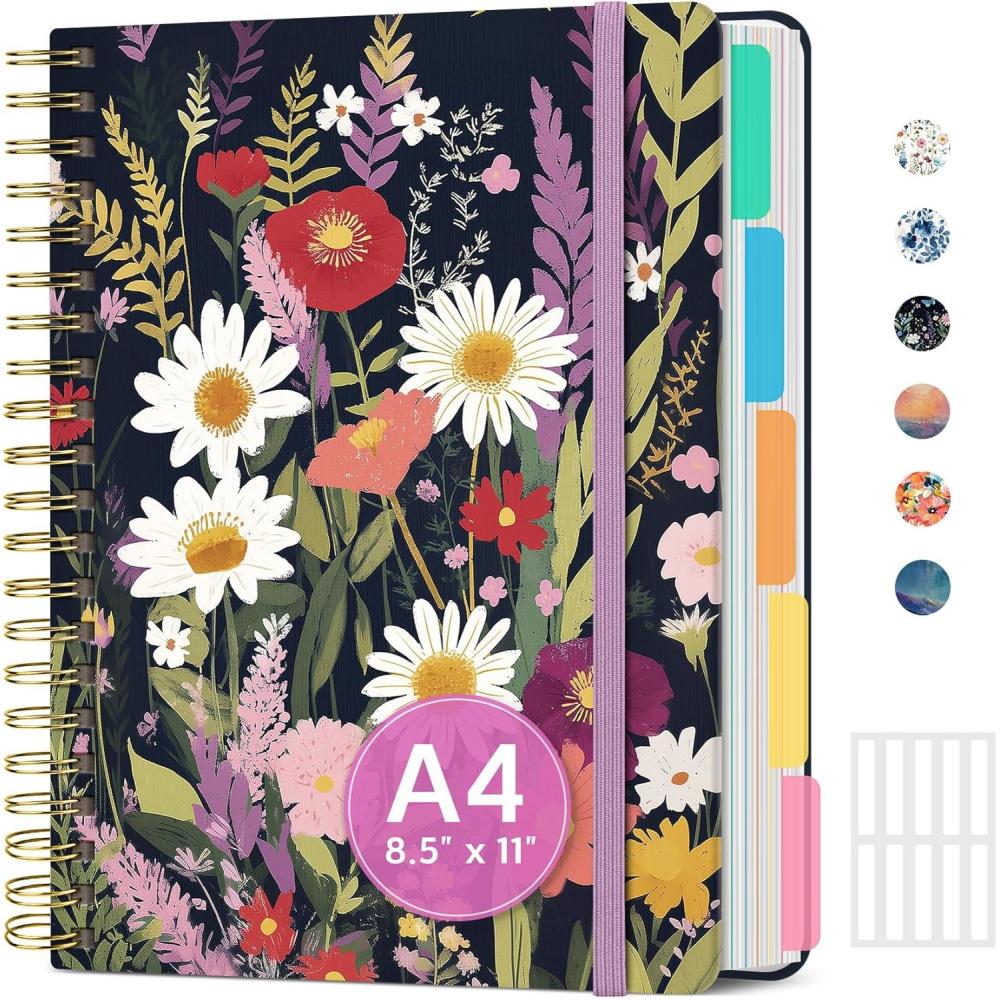 image:imageLarge Spiral Lined Notebooks for Work with Removable Dividers amp Tabs 85x11 Pretty Hardcover 5 Subject Notebook Journal for Women College Ruled Perfect for Study amp Office Organization 280 PagesWildflowersM Wild Bloom
