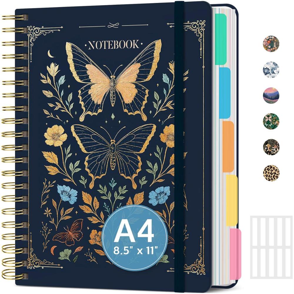 image:imageLarge Spiral Notebook with Dividers amp Tabs 85 x 11 Hardcover 5 Subject Notebook for Work 280 pages College Ruled Cute Journal for Women Perfect for Study amp Office Note Taking GardenKGolden Butterfly