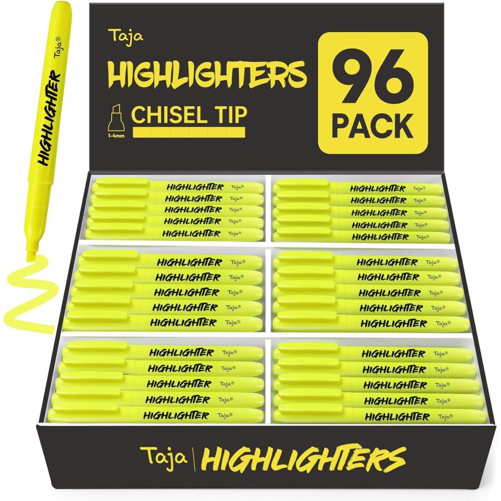 image:imageTaja 96 Pack Yellow Highlighters Bulk Chisel Tip Highlighters Markers Set with No Bleed Ink Perfect for Office Supplies