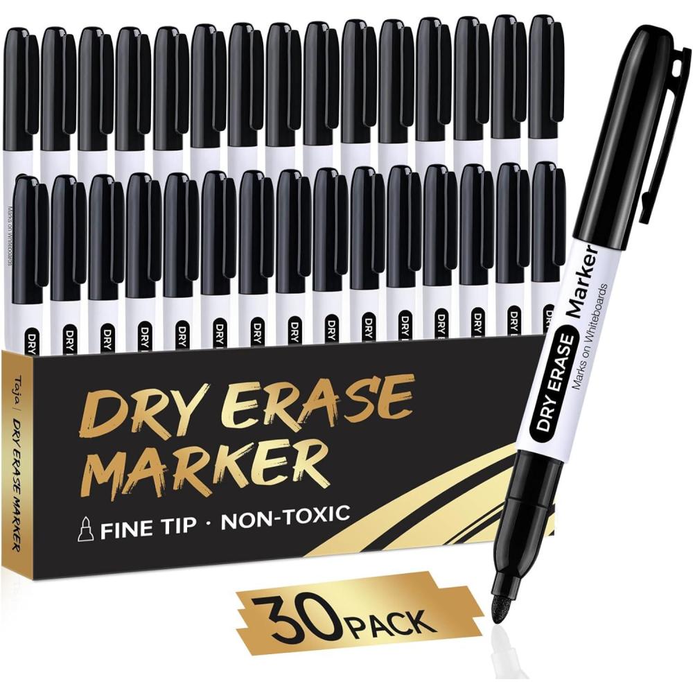 image:imageTaja Dry Erase Markers Fine Tip 30 Pack Black Thin Low Odor WhiteBoard Markers Bulk Set for School Classroom Office Supplies