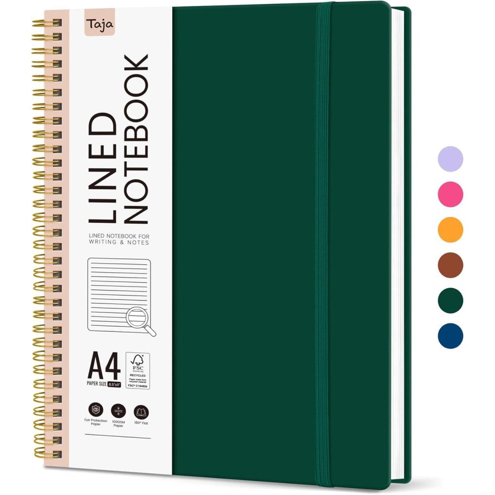 image:imageTaja Spiral Lined Notebook 85x11 Notebooks for Work Large A4 Journal for Women amp Men College Ruled Journaling Notebook for Writing Plastic Cover Spiral Journal PurpleL Dark Green