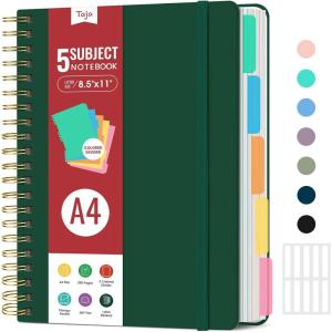 image:imageHardcover Spiral Journal Notebooks for Work With Removable Dividers amp Tabs 85x11 5 Subject Notebook for Note Taking amp Organizer A4 College Ruled Lined Journal for Women amp Writing Green 280 PagesGDark Green