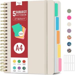 image:imageHardcover Spiral Journal Notebooks for Work With Removable Dividers amp Tabs 85x11 5 Subject Notebook for Note Taking amp Organizer A4 College Ruled Lined Journal for Women amp Writing Green 280 PagesEGrey Beige