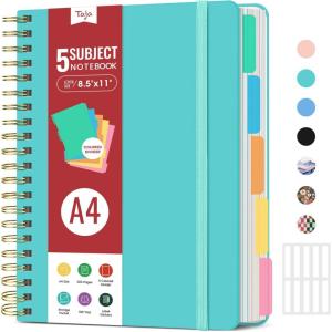 image:imageHardcover Spiral Journal Notebooks for Work With Removable Dividers amp Tabs 85x11 5 Subject Notebook for Note Taking amp Organizer A4 College Ruled Lined Journal for Women amp Writing Green 280 PagesBAquamarine