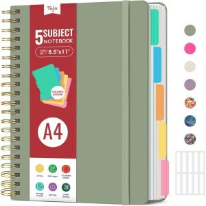 image:imageHardcover Spiral Journal Notebooks for Work With Removable Dividers amp Tabs 85x11 5 Subject Notebook for Note Taking amp Organizer A4 College Ruled Lined Journal for Women amp Writing Green 280 PagesLGreen
