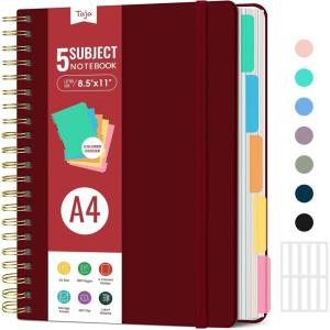image:imageHardcover Spiral Journal Notebooks for Work With Removable Dividers amp Tabs 85x11 5 Subject Notebook for Note Taking amp Organizer A4 College Ruled Lined Journal for Women amp Writing Green 280 PagesDBurgundy