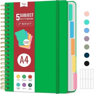 image:imageHardcover Spiral Journal Notebooks for Work With Removable Dividers amp Tabs 85x11 5 Subject Notebook for Note Taking amp Organizer A4 College Ruled Lined Journal for Women amp Writing Green 280 PagesYRacing Green
