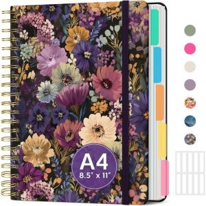 image:imageLarge Spiral Lined Notebooks for Work with Removable Dividers amp Tabs 85x11 Pretty Hardcover 5 Subject Notebook Journal for Women College Ruled Perfect for Study amp Office Organization 280 PagesWildflowersK  Midnight Bloom