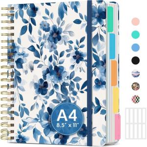 image:imageLarge Spiral Lined Notebooks for Work with Removable Dividers amp Tabs 85x11 Pretty Hardcover 5 Subject Notebook Journal for Women College Ruled Perfect for Study amp Office Organization 280 PagesWildflowersE  Blue Blooms
