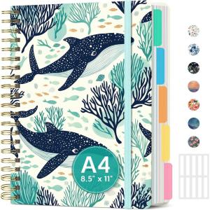 image:imageLarge Spiral Lined Notebooks for Work with Removable Dividers amp Tabs 85x11 Pretty Hardcover 5 Subject Notebook Journal for Women College Ruled Perfect for Study amp Office Organization 280 PagesWildflowersT  Drifting Whales
