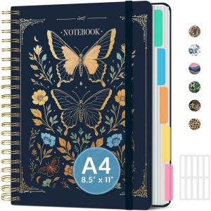 image:imageLarge Spiral Notebook with Dividers amp Tabs 85 x 11 Hardcover 5 Subject Notebook for Work 280 pages College Ruled Cute Journal for Women Perfect for Study amp Office Note Taking GardenKGolden Butterfly