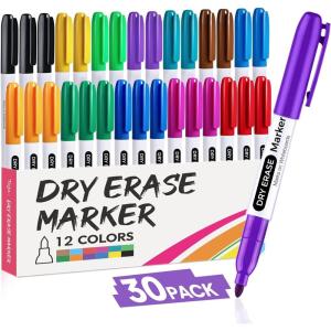 image:imageTaja Dry Erase Markers Fine Tip 30 Pack 12 Assorted Colors Thin Low Odor WhiteBoard Markers Bulk Set for Office Supplies