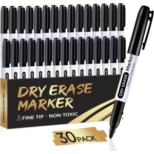 image:imageTaja Dry Erase Markers Fine Tip 30 Pack Black Thin Low Odor WhiteBoard Markers Bulk Set for School Classroom Office Supplies