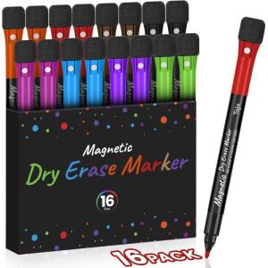 image:imageTaja Magnetic Dry Erase Whiteboard Markers 8 Count Colorful Fine Tip Thin Dry Erase Markers with Eraser for Home Office School SuppliesBrilliant16 Pack 8 color