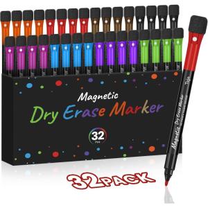 image:imageTaja Magnetic Dry Erase Whiteboard Markers 8 Count Colorful Fine Tip Thin Dry Erase Markers with Eraser for Home Office School SuppliesBrilliant32 Pack 8 color