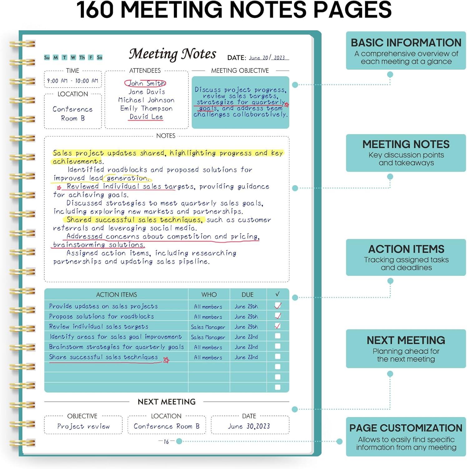 image:imageMeeting Notebook for Work Organization Work Planner Notebook with Action Items Agenda Planner for Note Taking 160 Pages 69 X 99 Project Organizer for Men amp Women Pinka Blue