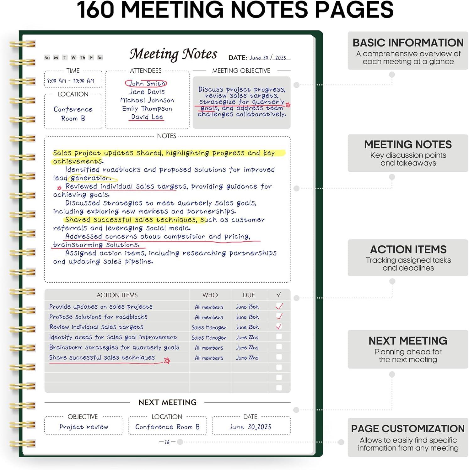 image:imageMeeting Notebook for Work Organization Work Planner Notebook with Action Items Agenda Planner for Note Taking 160 Pages 69 X 99 Project Organizer for Men amp Women Pinkg Dark Green