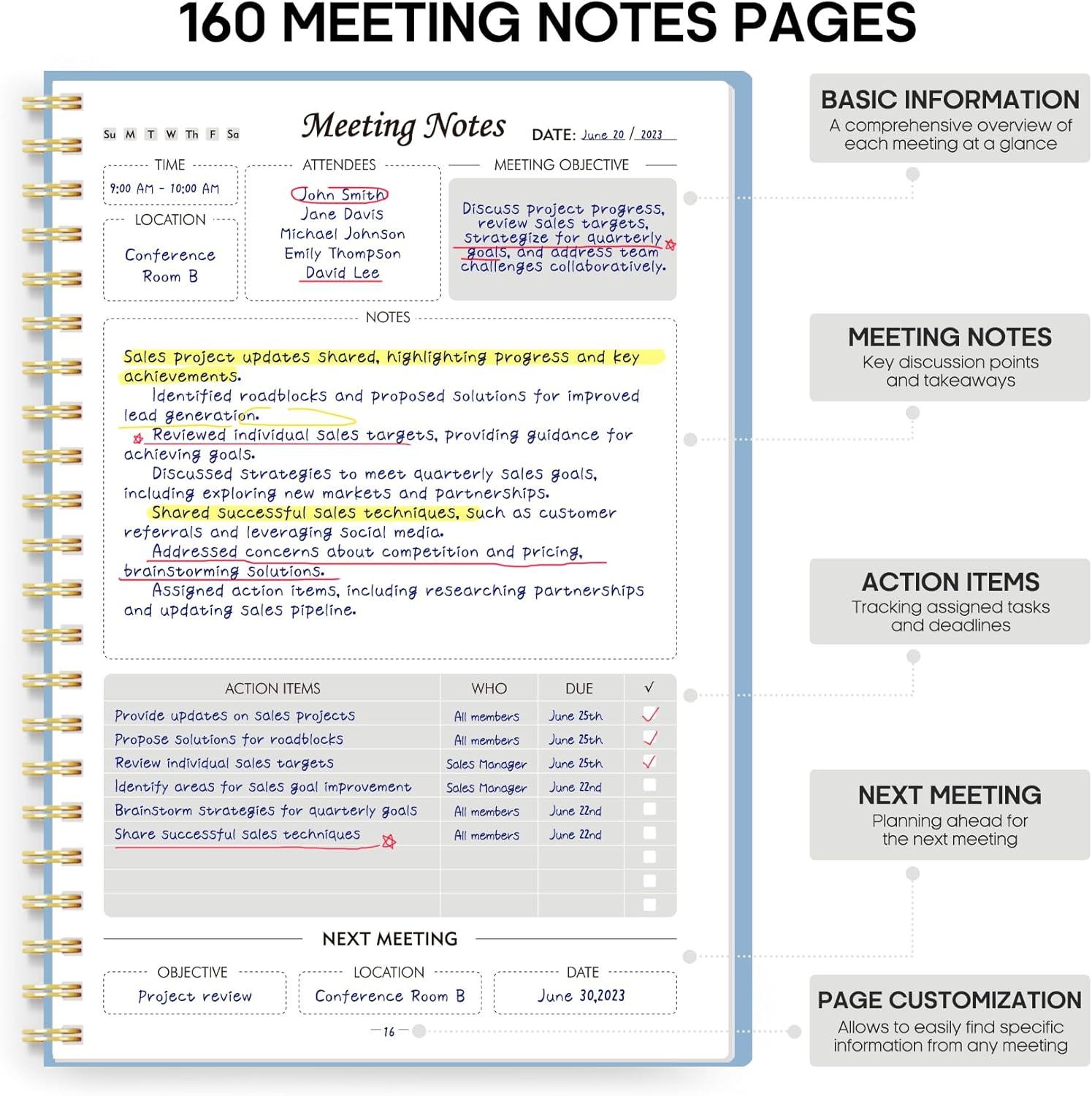 image:imageMeeting Notebook for Work Organization Work Planner Notebook with Action Items Agenda Planner for Note Taking 160 Pages 69 X 99 Project Organizer for Men amp Women PinkeSky Blue