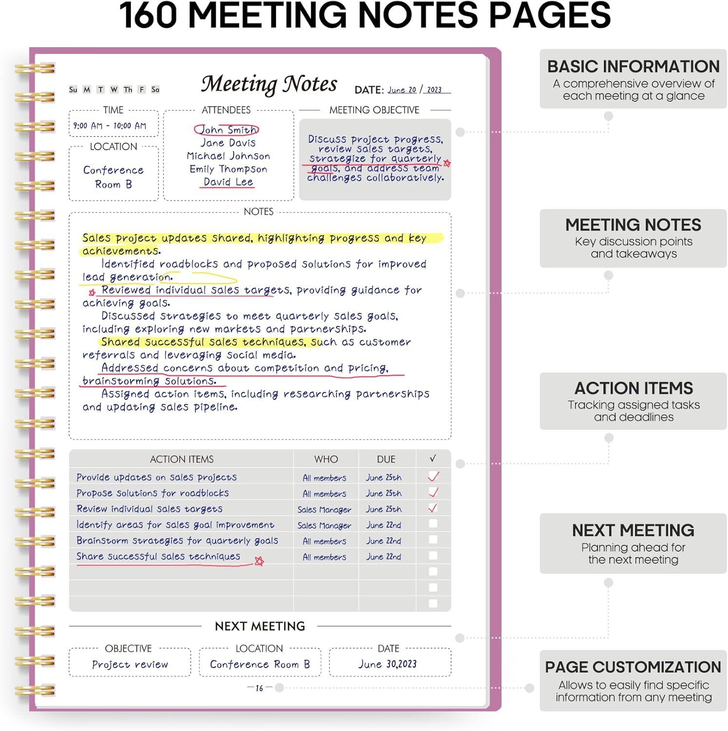 image:imageMeeting Notebook for Work Organization Work Planner Notebook with Action Items Agenda Planner for Note Taking 160 Pages 69 X 99 Project Organizer for Men amp Women PinkdPurple