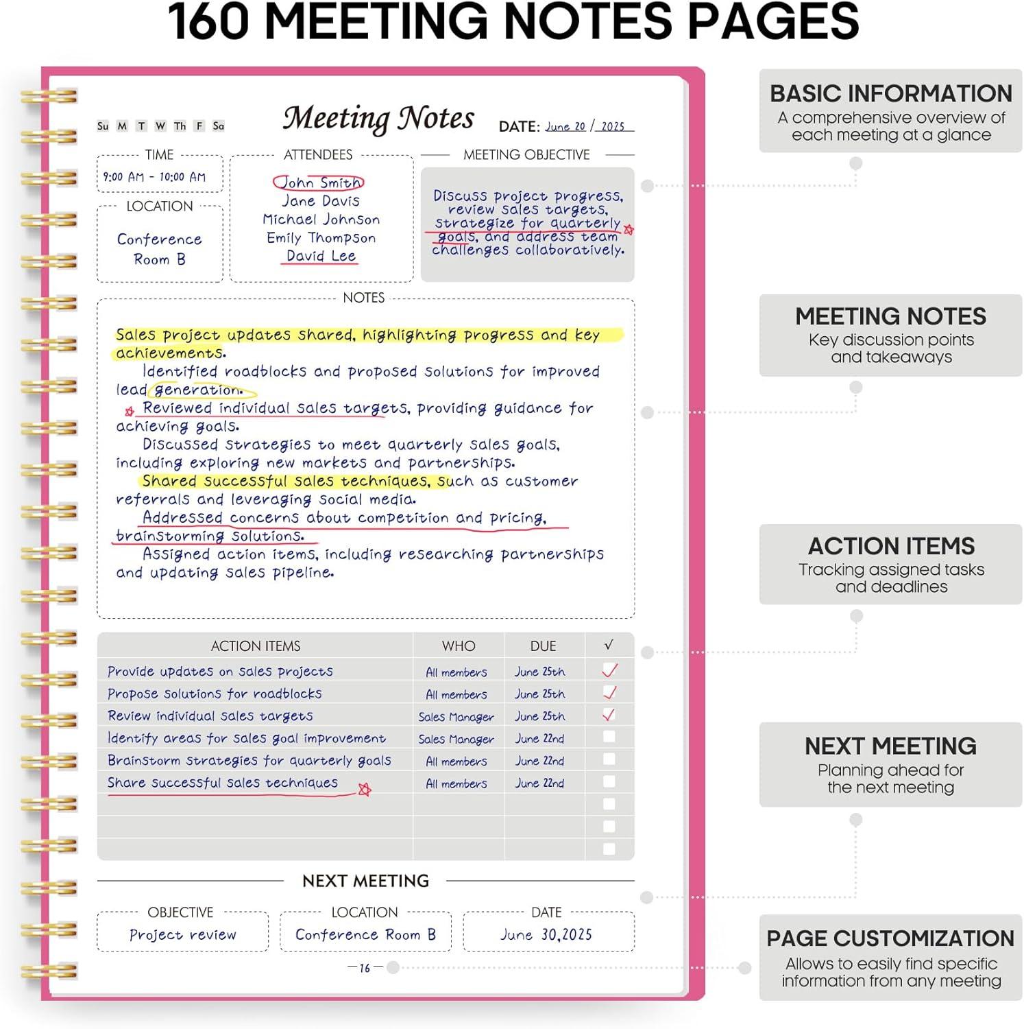 image:imageMeeting Notebook for Work Organization Work Planner Notebook with Action Items Agenda Planner for Note Taking 160 Pages 69 X 99 Project Organizer for Men amp Women Pinki Berry Pink