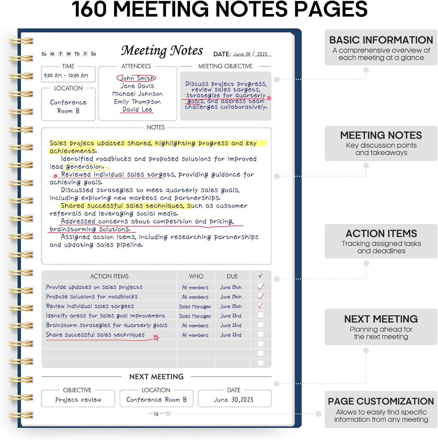 image:imageMeeting Notebook for Work Organization Work Planner Notebook with Action Items Agenda Planner for Note Taking 160 Pages 69 X 99 Project Organizer for Men amp Women Pinkm Navy Blue