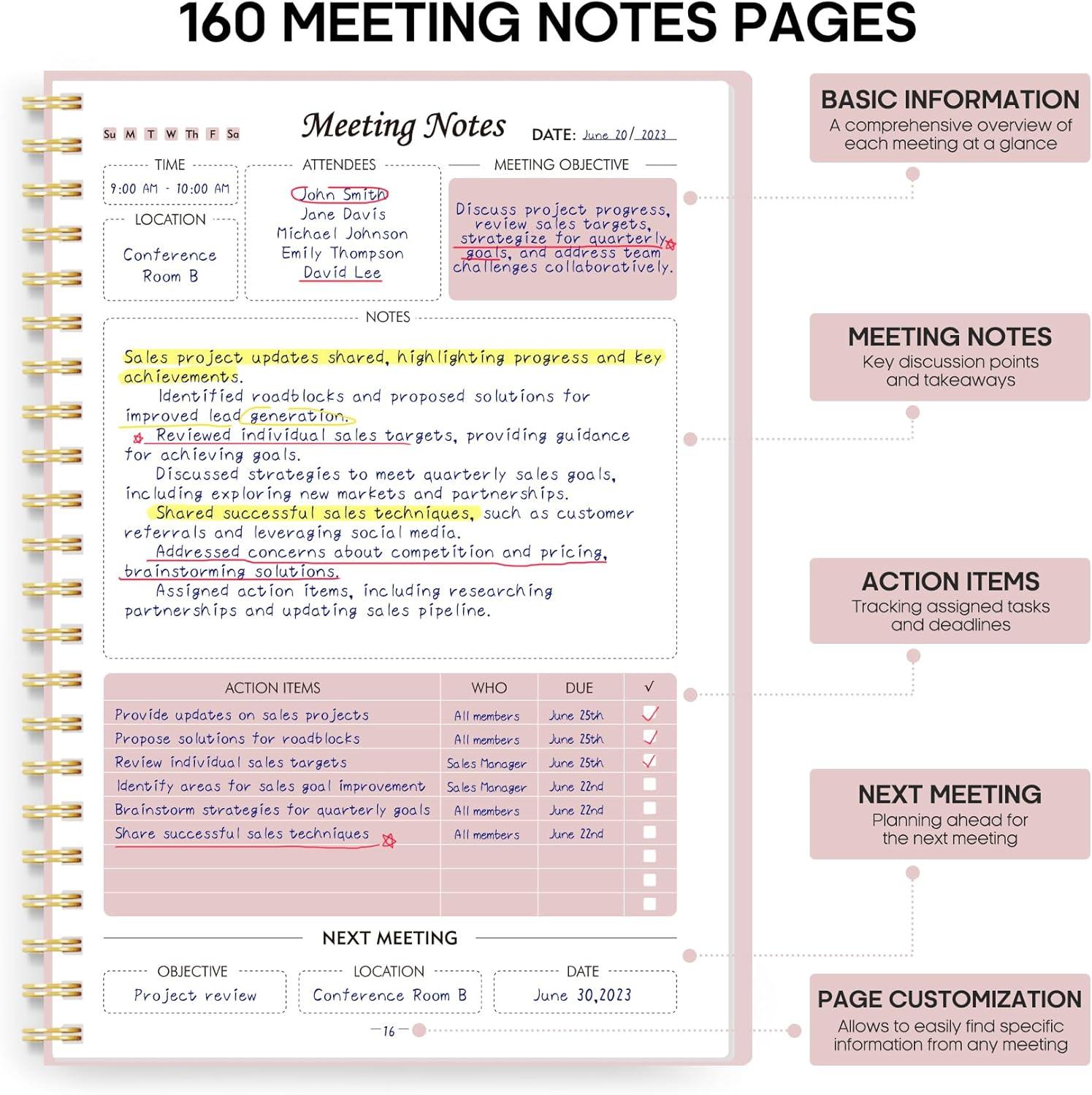 image:imageMeeting Notebook for Work Organization Work Planner Notebook with Action Items Agenda Planner for Note Taking 160 Pages 69 X 99 Project Organizer for Men amp Women Pinkz Multi