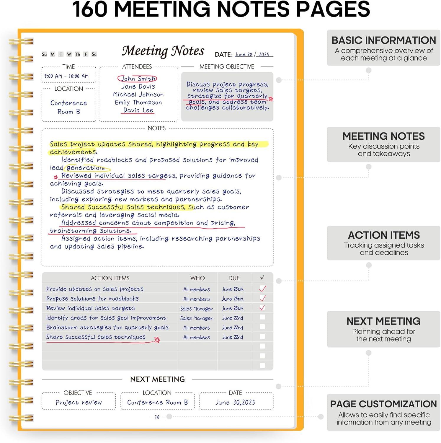 image:imageMeeting Notebook for Work Organization Work Planner Notebook with Action Items Agenda Planner for Note Taking 160 Pages 69 X 99 Project Organizer for Men amp Women PinkhYellow