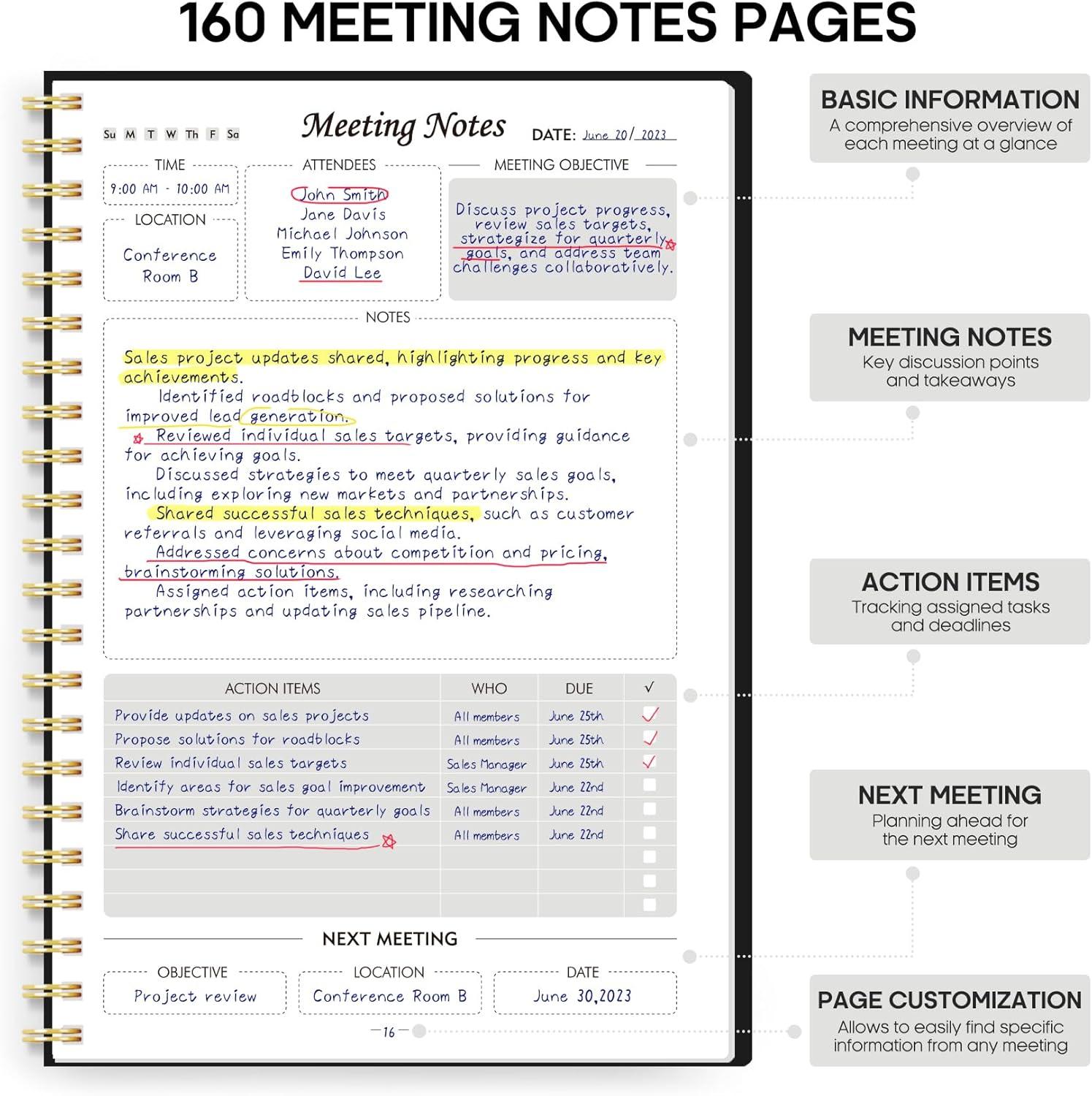 image:imageMeeting Notebook for Work Organization Work Planner Notebook with Action Items Agenda Planner for Note Taking 160 Pages 69 X 99 Project Organizer for Men amp Women Pinkz Multi