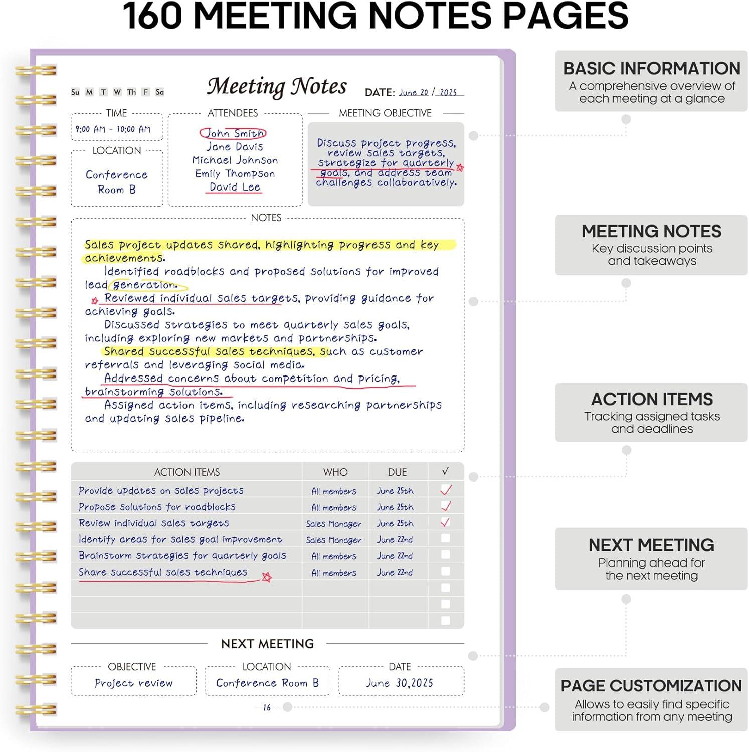 image:imageMeeting Notebook for Work Organization Work Planner Notebook with Action Items Agenda Planner for Note Taking 160 Pages 69 X 99 Project Organizer for Men amp Women Pinkm Lavender