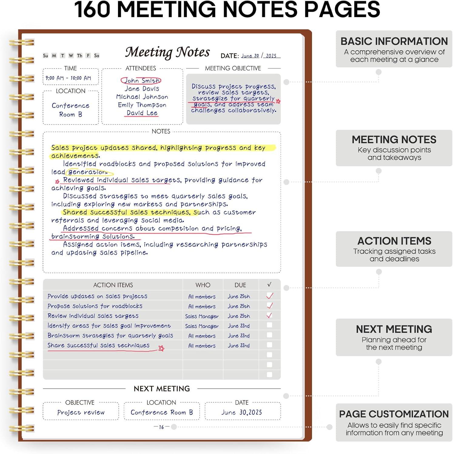 image:imageMeeting Notebook for Work Organization Work Planner Notebook with Action Items Agenda Planner for Note Taking 160 Pages 69 X 99 Project Organizer for Men amp Women Pinkc Rust Brown