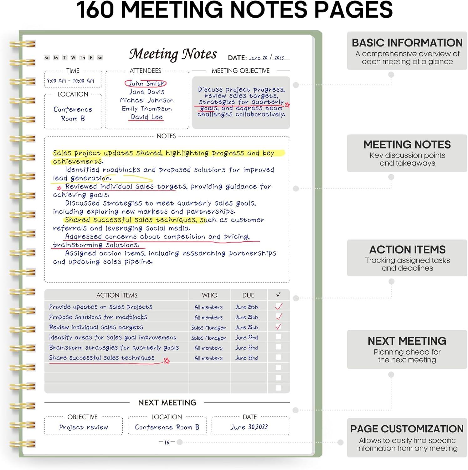 image:imageMeeting Notebook for Work Organization Work Planner Notebook with Action Items Agenda Planner for Note Taking 160 Pages 69 X 99 Project Organizer for Men amp Women PinknGreen