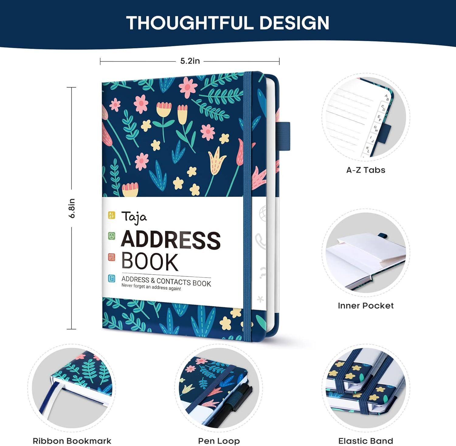 image:imageTaja Address Book with Alphabetical TabsHardcover Address Book Large Print for Record Contacts Small Address Book to Store All Your Important Informations in One Place AquamarineCSpring Flowers