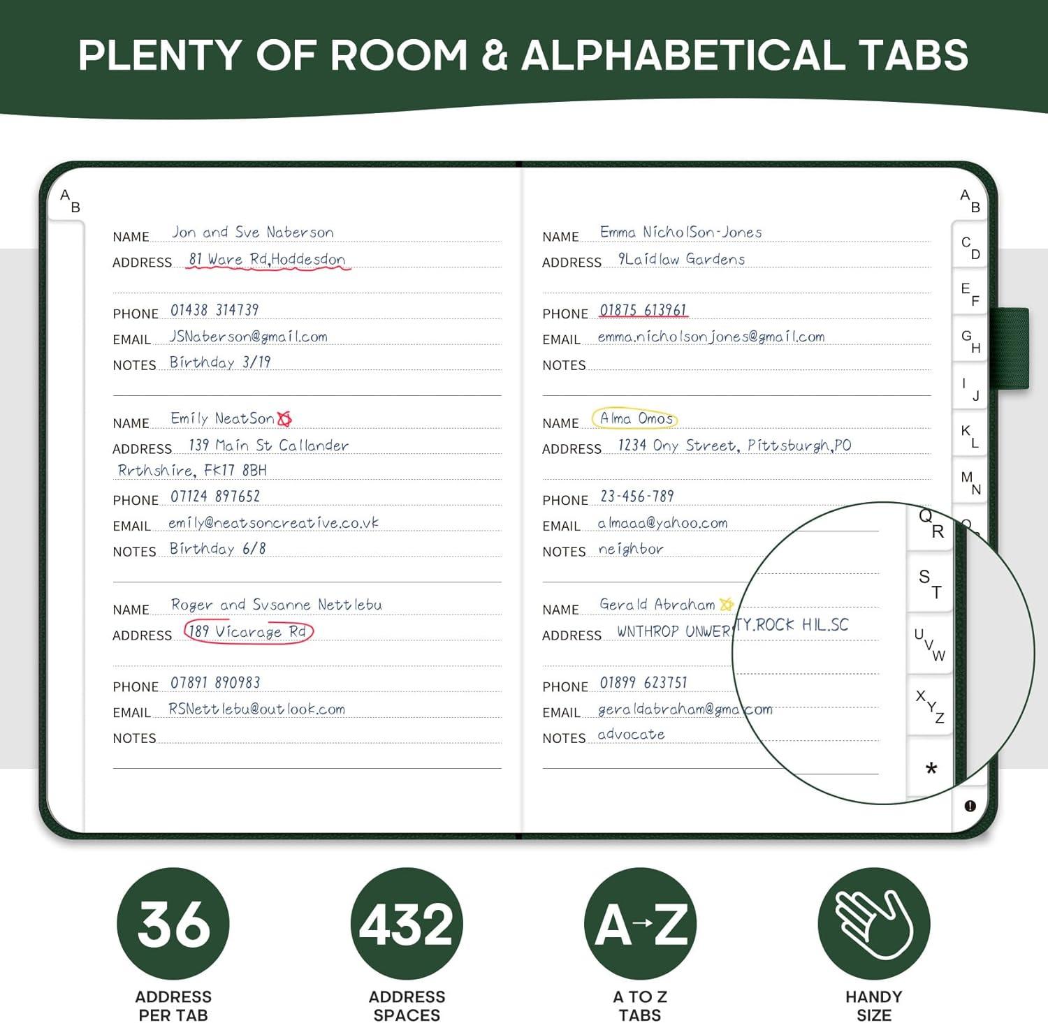 image:imageTaja Address Book with Alphabetical TabsHardcover Address Book Large Print for Record Contacts Small Address Book to Store All Your Important Informations in One Place AquamarineCDark Green