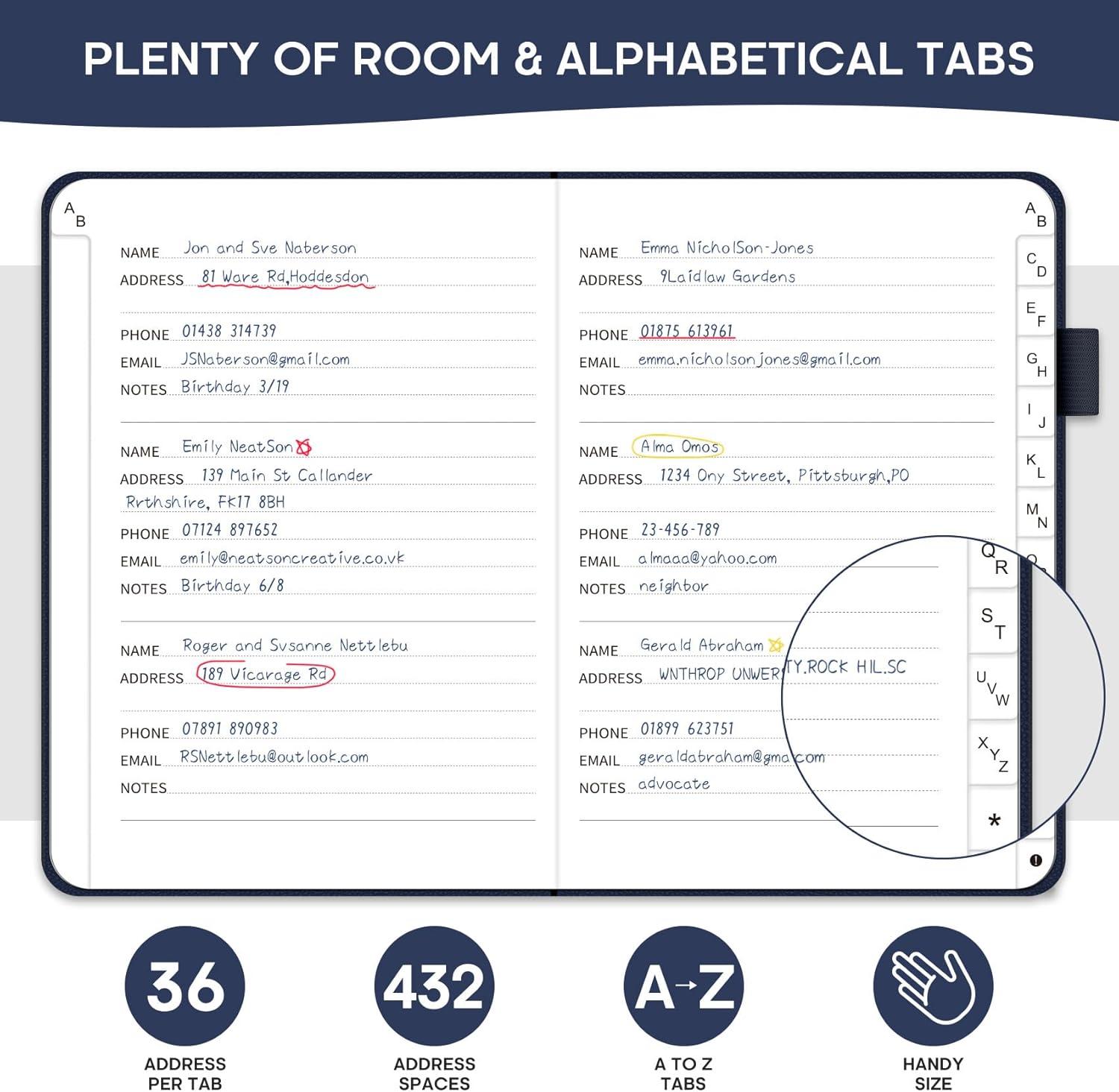 image:imageTaja Address Book with Alphabetical TabsHardcover Address Book Large Print for Record Contacts Small Address Book to Store All Your Important Informations in One Place AquamarineCNavy Blue