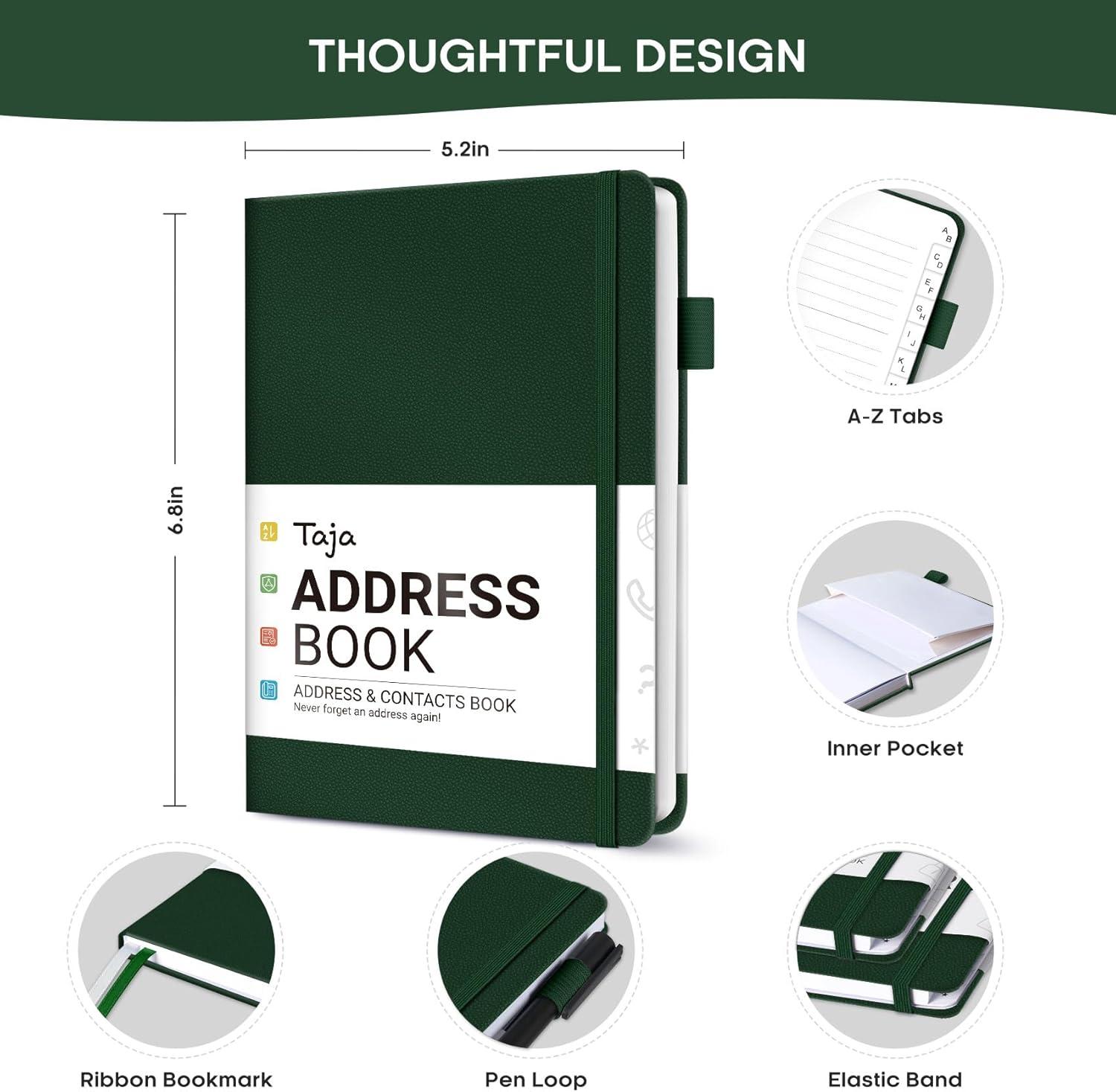 image:imageTaja Address Book with Alphabetical TabsHardcover Address Book Large Print for Record Contacts Small Address Book to Store All Your Important Informations in One Place AquamarineCDark Green