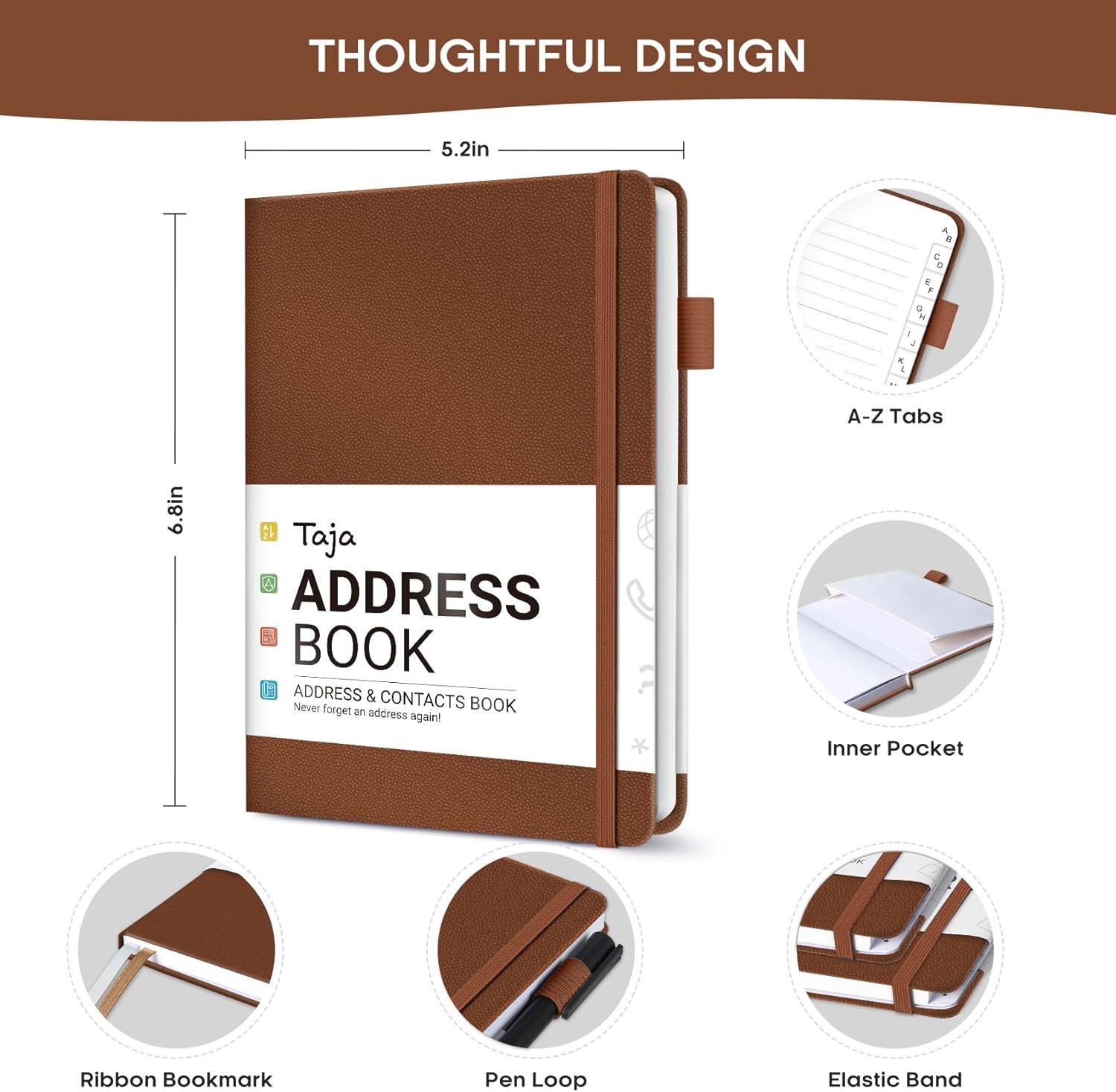 image:imageTaja Address Book with Alphabetical TabsHardcover Address Book Large Print for Record Contacts Small Address Book to Store All Your Important Informations in One Place AquamarineCBrown