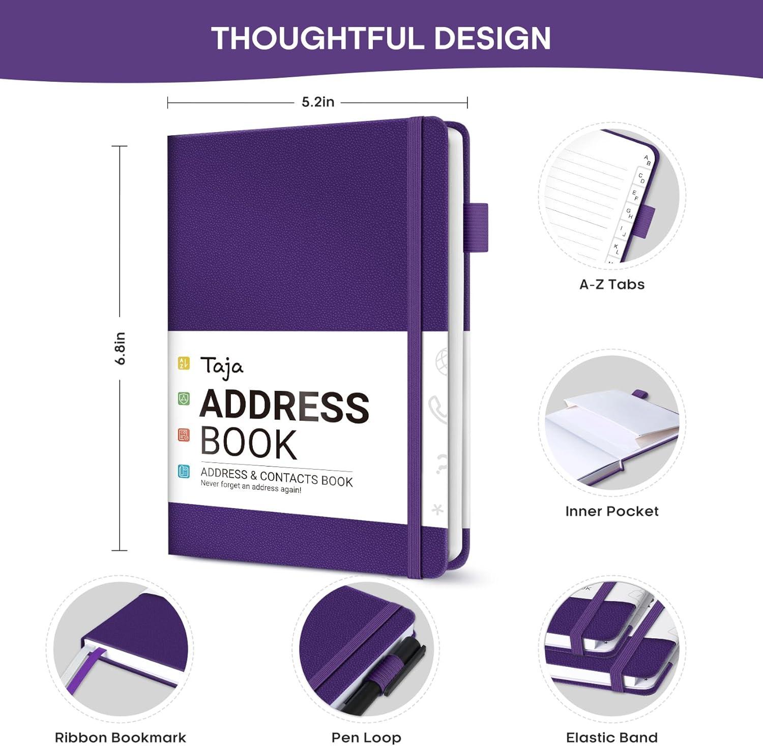 image:imageTaja Address Book with Alphabetical TabsHardcover Address Book Large Print for Record Contacts Small Address Book to Store All Your Important Informations in One Place AquamarineDPurple