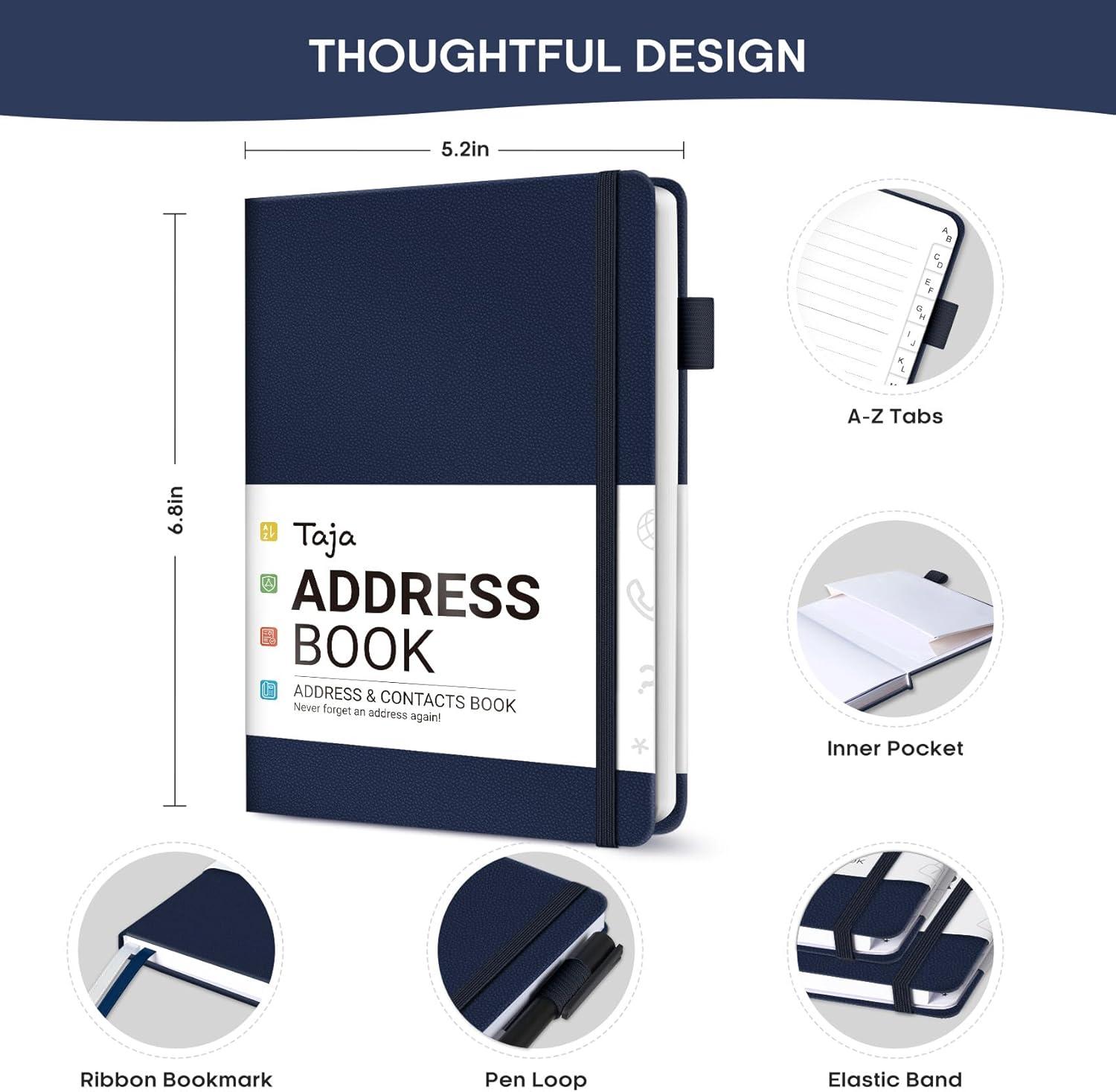 image:imageTaja Address Book with Alphabetical TabsHardcover Address Book Large Print for Record Contacts Small Address Book to Store All Your Important Informations in One Place AquamarineCNavy Blue