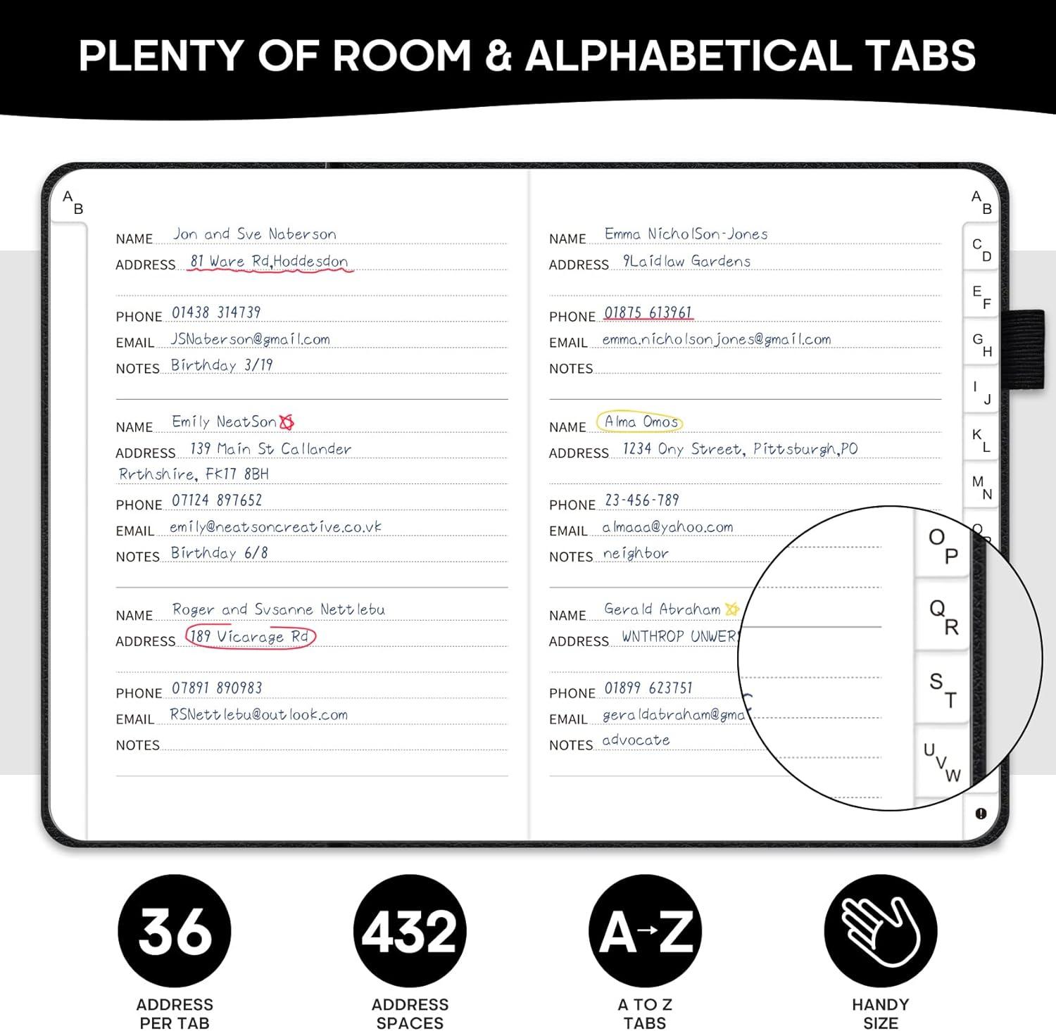 image:imageTaja Address Book with Alphabetical TabsHardcover Address Book Large Print for Record Contacts Small Address Book to Store All Your Important Informations in One Place AquamarineBBlack
