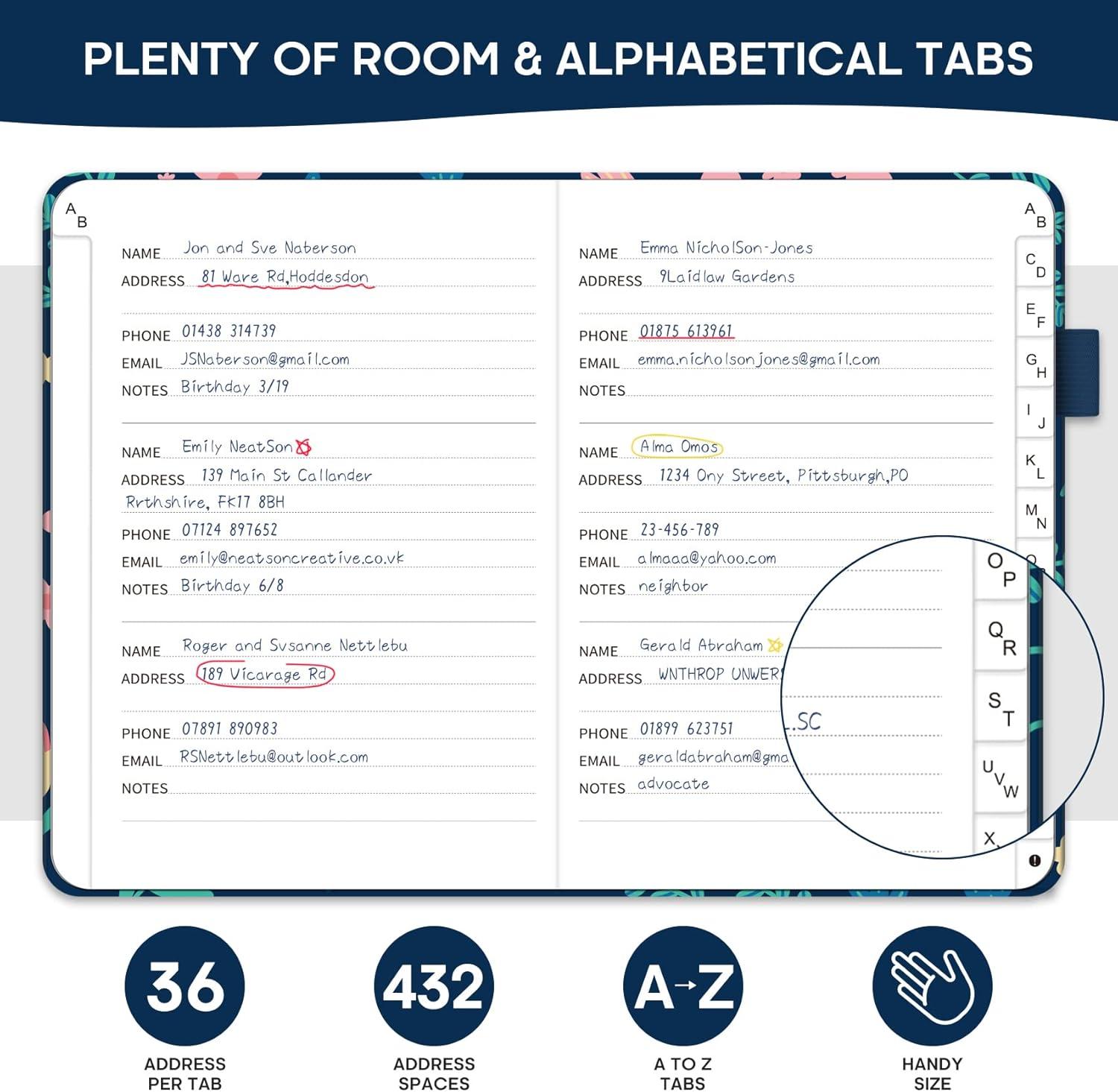 image:imageTaja Address Book with Alphabetical TabsHardcover Address Book Large Print for Record Contacts Small Address Book to Store All Your Important Informations in One Place AquamarineCSpring Flowers