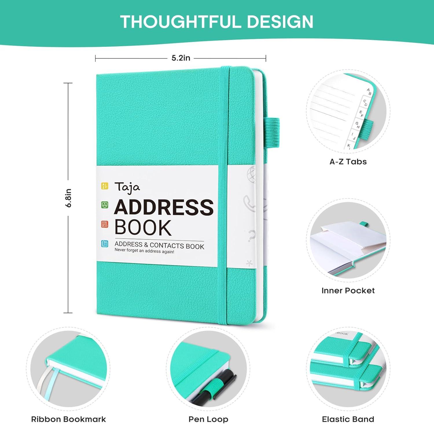 image:imageTaja Address Book with Alphabetical TabsHardcover Address Book Large Print for Record Contacts Small Address Book to Store All Your Important Informations in One Place AquamarineAAquamarine