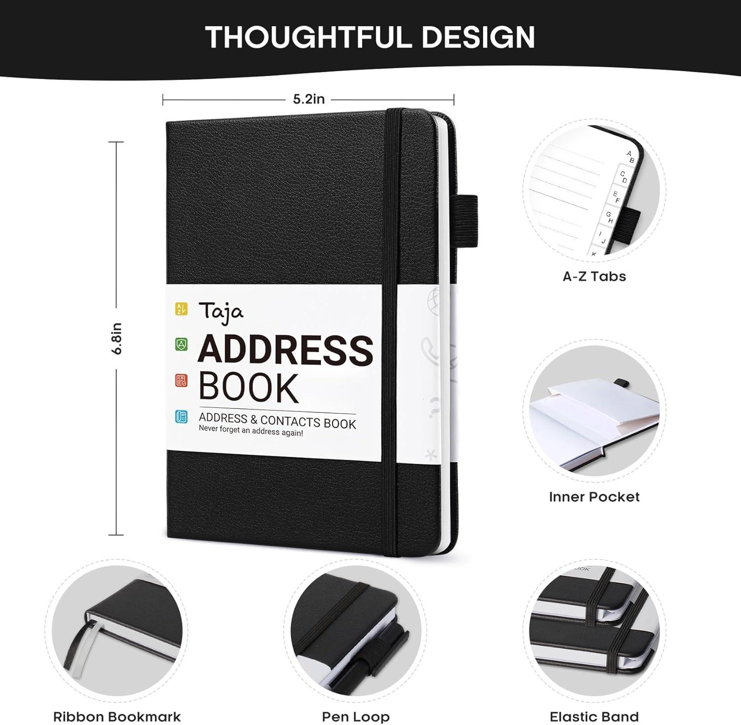 image:imageTaja Address Book with Alphabetical TabsHardcover Address Book Large Print for Record Contacts Small Address Book to Store All Your Important Informations in One Place AquamarineBBlack
