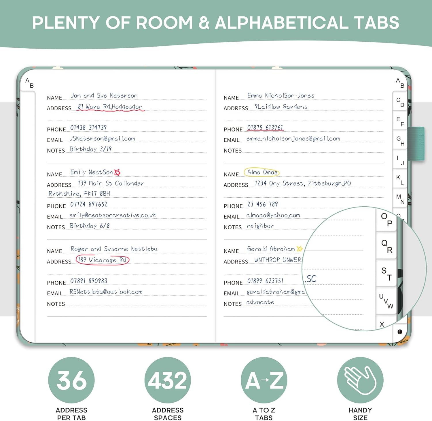 image:imageTaja Address Book with Alphabetical TabsHardcover Address Book Large Print for Record Contacts Small Address Book to Store All Your Important Informations in One Place AquamarineBLittle Fortune