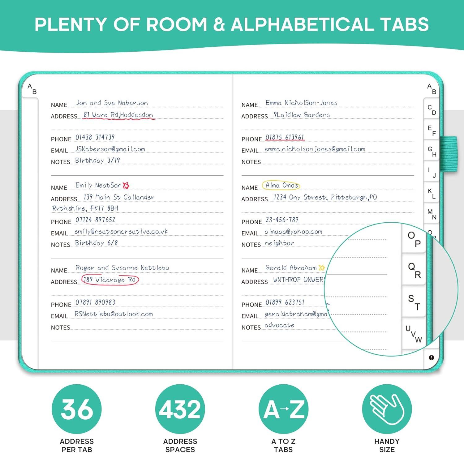 image:imageTaja Address Book with Alphabetical TabsHardcover Address Book Large Print for Record Contacts Small Address Book to Store All Your Important Informations in One Place AquamarineAAquamarine