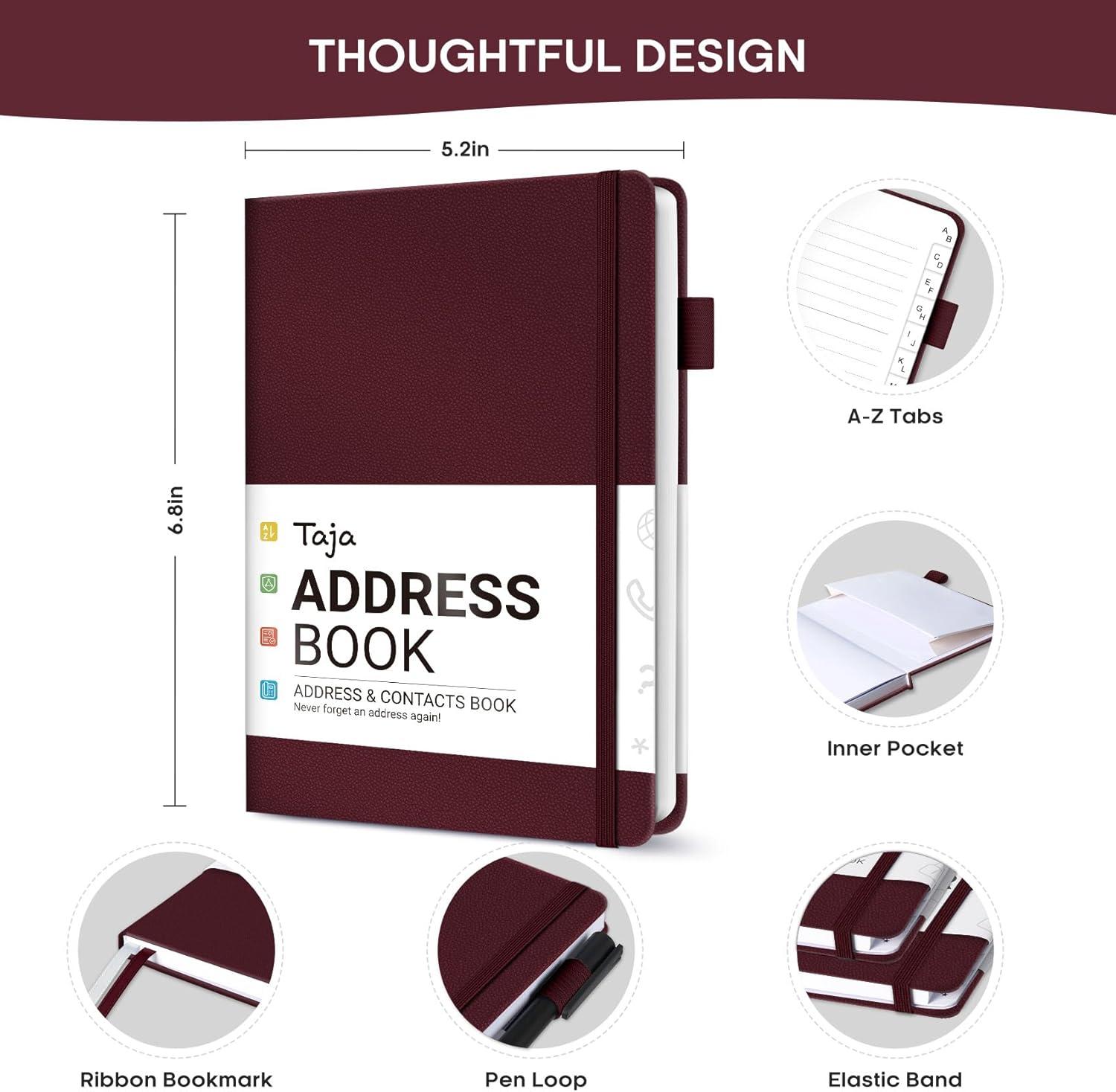 image:imageTaja Address Book with Alphabetical TabsHardcover Address Book Large Print for Record Contacts Small Address Book to Store All Your Important Informations in One Place AquamarineCBurgundy
