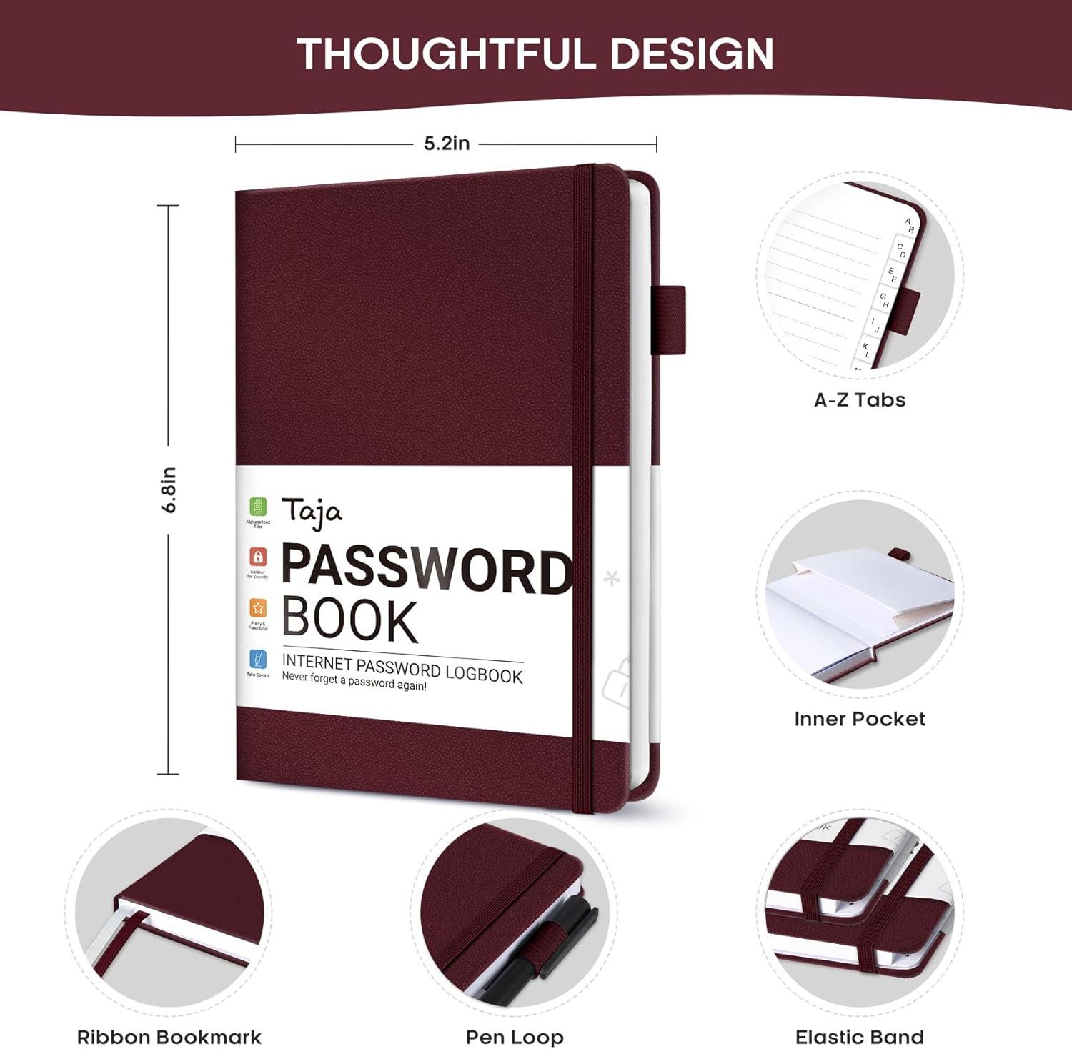 image:imageTaja Password Keeper Book with Alphabetical Tabs Small Password Books for Seniors Password Notebook for Internet Website Address Log in Detail Password Logbook to Help You Stay Organized Rose GoldEBurgundy