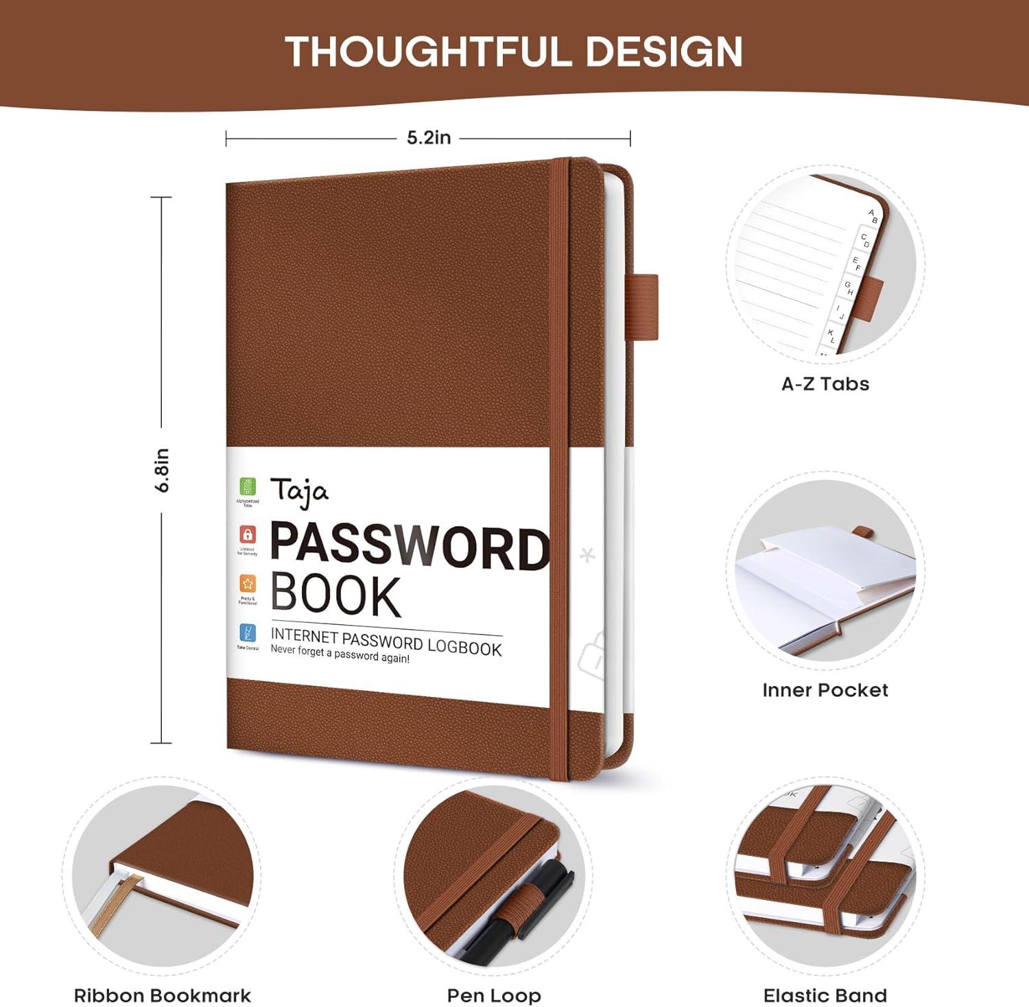 image:imageTaja Password Keeper Book with Alphabetical Tabs Small Password Books for Seniors Password Notebook for Internet Website Address Log in Detail Password Logbook to Help You Stay Organized Rose GoldBBrown