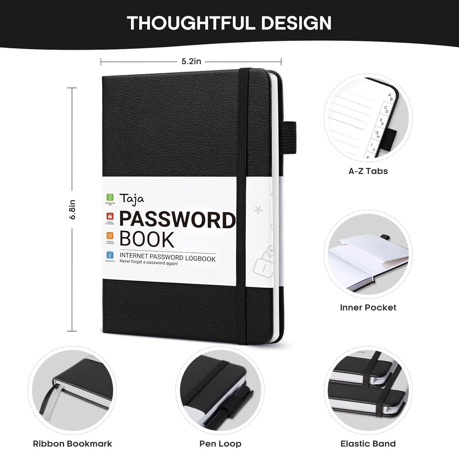 image:imageTaja Password Keeper Book with Alphabetical Tabs Small Password Books for Seniors Password Notebook for Internet Website Address Log in Detail Password Logbook to Help You Stay Organized Rose GoldBBlack